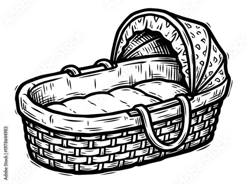 Moses Basket Baby Bassinet Engraving Illustration Black and White Line Art