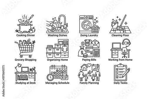 Home routines and responsibilities with cooking dinner, washing dishes, doing laundry, cleaning floor, grocery shopping,