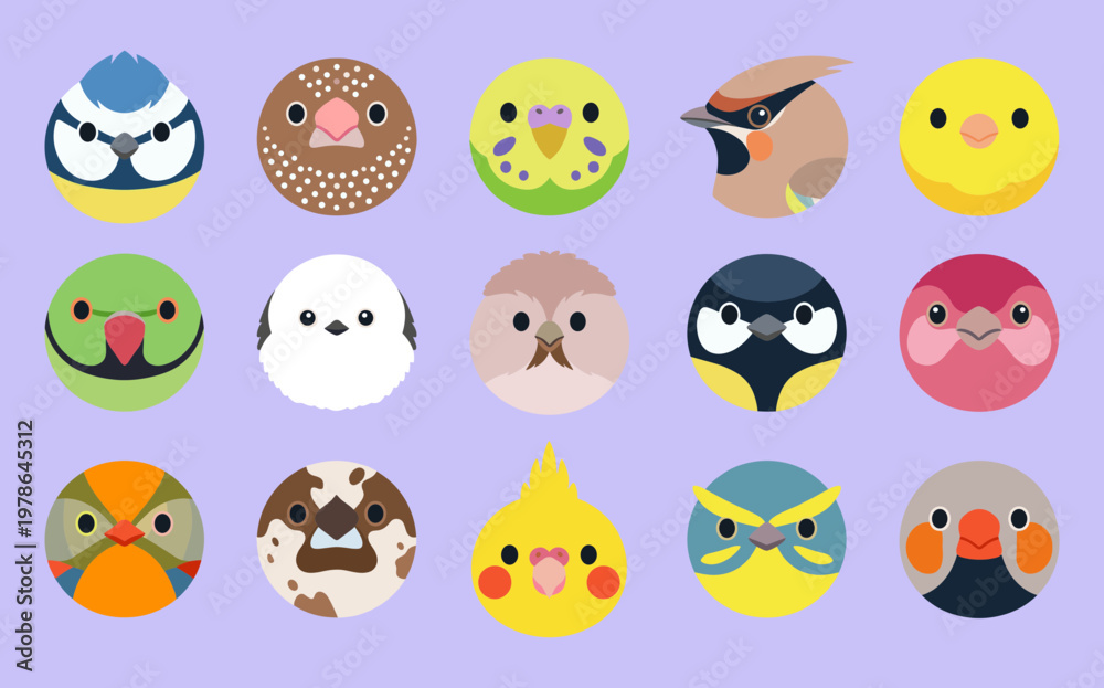 Fototapeta premium Large Collection of Fifteen Different Round Bird Faces Icons Set, Cute Avian Heads Graphic Flat Vector Illustration of Parrot, Owl, Sparrow and Finch