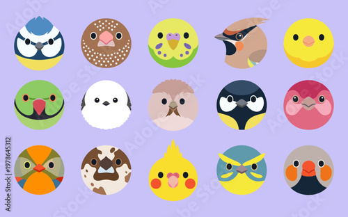 Large Collection of Fifteen Different Round Bird Faces Icons Set, Cute Avian Heads Graphic Flat Vector Illustration of Parrot, Owl, Sparrow and Finch