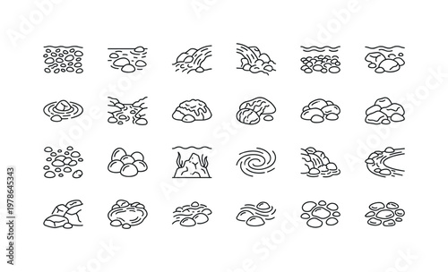 Riverbed environment with stones in water flow, shallow streams, gravel beds and natural freshwater landscapes clean monoline