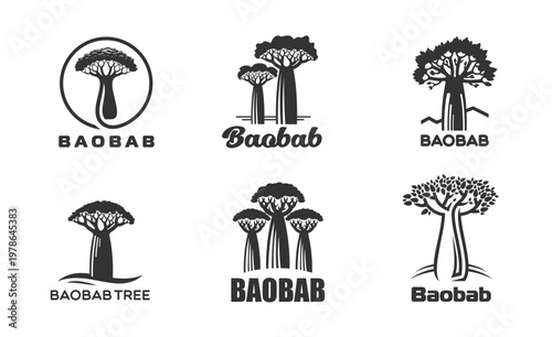 Baobab tree icons with vector silhouettes of african savanna and madagascar forest plants. Black baobab trees symbols set with abstract leaves and bottle shaped trunks, african safari and nature park