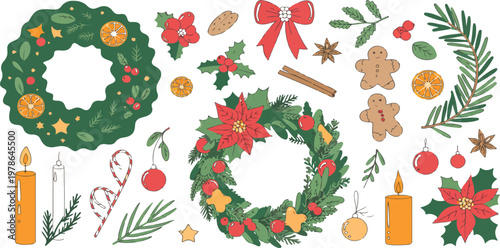 Christmas decorative elements with wreath, mistletoe, fir branches, pine cones, holly and ribbon for festive winter holiday vector set