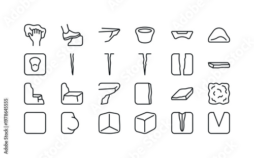 Rock route features with holds edges cracks pockets ledges and surface formations clean monoline outline icon set showing exactly