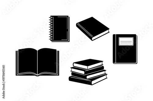 Spiral notebook with visible binding, hardcover book closed flat shape, open book with spread pages, composition notebook