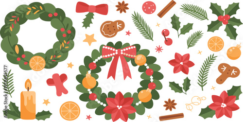 Christmas decorative elements with wreath, mistletoe, fir branches, pine cones, holly and ribbon for festive winter holiday vector set