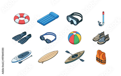 Inflatable swim ring, inflatable mattress, snorkeling mask, snorkel tube, diving fins, swim goggles, beach ball, water shoes,