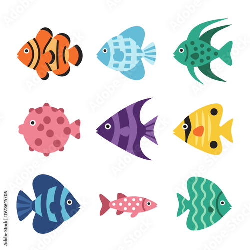 Diverse Collection of Nine Colorful Tropical Fish Icons in Various Shapes and Patterns, Marine Life and Aquarium Inhabitants Vector Illustration Set