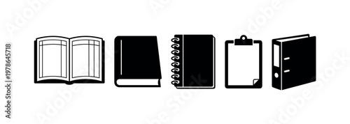 Grade book open pages spread, closed attendance register book, spiral notebook teacher planner, clipboard with paper sheet, binder