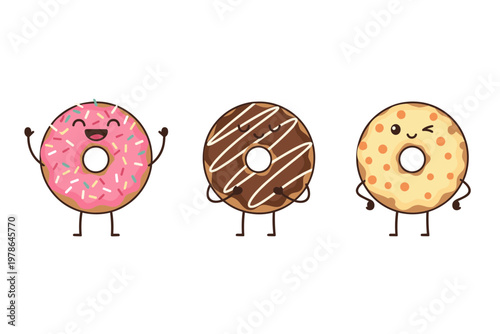 Set of Three Happy Cartoon Donut Characters with Sprinkles and Glaze, Cute Food Mascot Collection Including Strawberry Chocolate and Vanilla Flavors