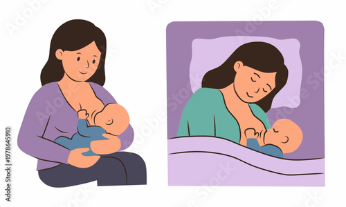 Mother Breastfeeding Baby Set - Sitting and Lying Down Position Cute Cartoon Vector Illustration