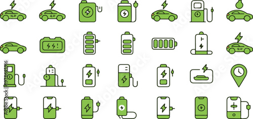 Charging station icon set with electric vehicle charger, battery levels, phone and power bank indicators and wireless charging symbols
