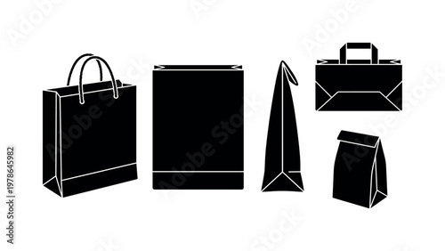 Paper shopping bag with twisted handles, flat kraft paper bag without handles, gusseted paper bag side view, folded paper carry