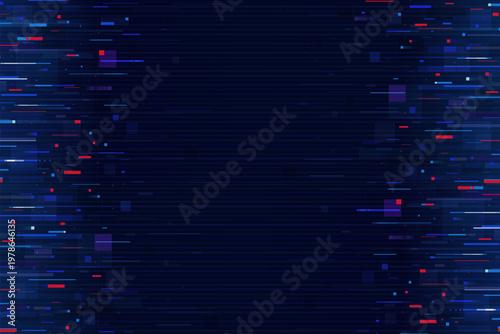 Pixel glitch effect on noise screen background. Abstract digital backdrop with horizontal blue and red distortion lines. Vector dynamic cyber technology futuristic screen interference or motion effect