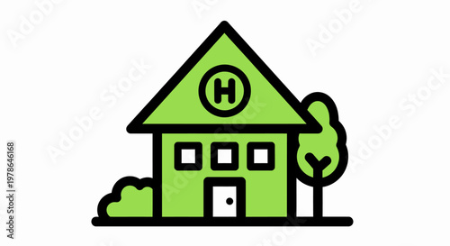 A green house with a tree and a bush