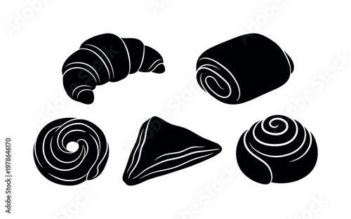 Butter croissant crescent layered shape, pain au chocolat rectangular pastry, Danish pastry swirl with center, puff pastry