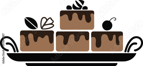 Four chocolate cakes with drips and toppings on a tray