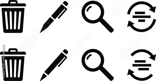 A collection of black glyph icons depicting common computer and office functions including delete edit search and refresh