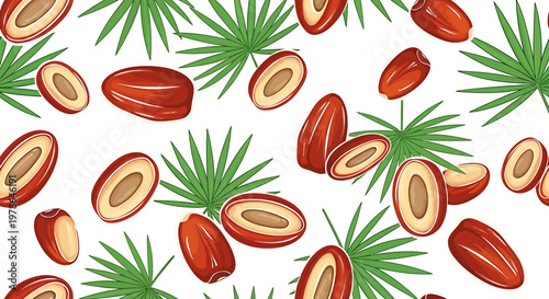 Palm tree fruits and leaves on white background