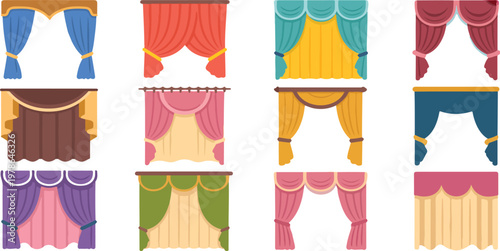 Cartoon curtains set with modern living room drapery, classic window decor styles and luxury interior elements in flat vector collection