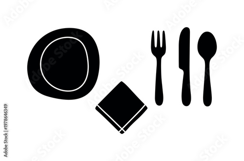 Plate round picnic dish flat shape, fork utensil simple prong form, knife utensil straight blade shape, spoon utensil oval bowl