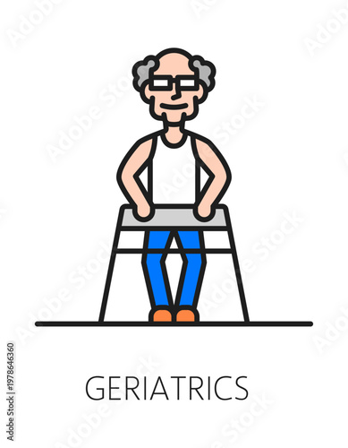 Elderly care service geriatrics color line icon or symbol. Senior help home linear pictogram, elderly nursing center vector icon. Old people care service sign with elderly man walking on walkers