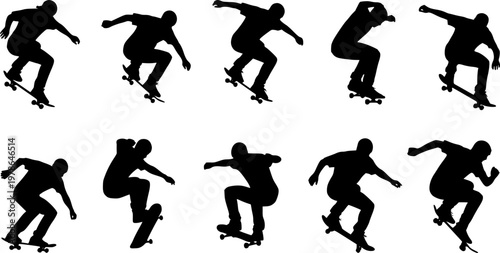 Large collection of black vector silhouettes featuring professional skateboarders performing various stunts jumps and flip tricks on skateboards over a white background. 