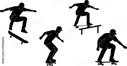 Large collection of black vector silhouettes featuring professional skateboarders performing various stunts jumps and flip tricks on skateboards over a white background. 