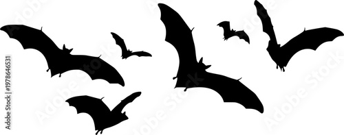 Halloween bat silhouette set isolated on white background. Spooky black horror bat graphic. Vector illustration
