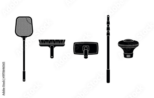 Pool cleaning net long handle skimmer, pool brush wide head cleaning tool, pool vacuum head flat base shape, telescopic pool pole