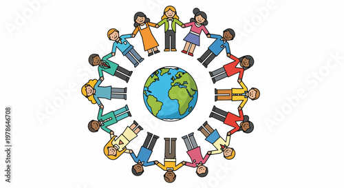 Illustration of diverse people holding hands around the Earth on a white background with eco friendly and lifestyle themes.