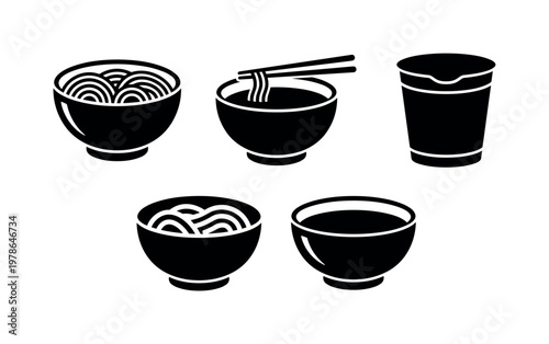 Ramen bowl round deep dish with noodles, noodle soup bowl with chopsticks resting, instant noodle cup tall container, udon bowl