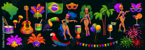 Brazil carnival party characters, music instruments and drinks, vector Rio de Janeiro carnaval set. Cartoon samba dancers, carnival party feather masks, Brazil map and flag, palms, toucan and parrot