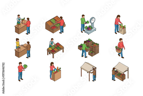 Vendor handing produce to customer, customer selecting fruits, weighing vegetables on scale, placing goods into bag, exchanging