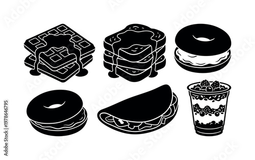 Waffles with syrup drizzle, french toast slices stack, bagel with cream cheese spread, omelette folded with filling, granola