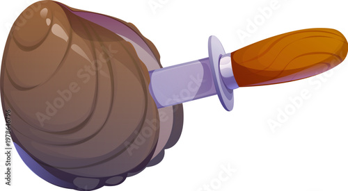 Oyster cleaning cooking process with knife kitchen utensil. Cartoon vector cook mollusk food scene with oyster shell. Seafood preparation cooking process for gourmet cuisine and fresh marine dish