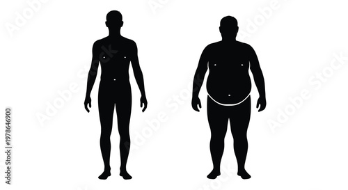 Silhouette comparison of a slim and obese male body front view