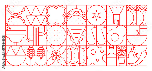 Mexican cuisine food geometric abstract pattern. Vector red line art background with tacos, avocado, chili pepper, corn, cacti, lime, bottle, maracas and tortilla chips arranged in modular mosaic grid