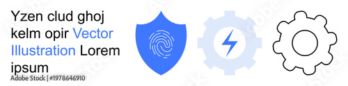 Cybersecurity, data protection, innovation, energy, authentication, system optimization. Blue shield with fingerprint, gear with lightning bolt black outlined cog. Cybersecurity and data protection