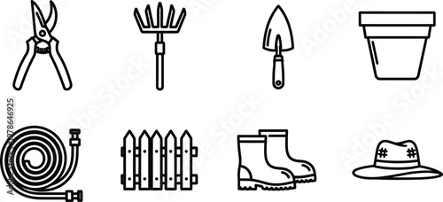 Gardening tools and equipment collection a black and white line art illustration for horticulture and outdoor work