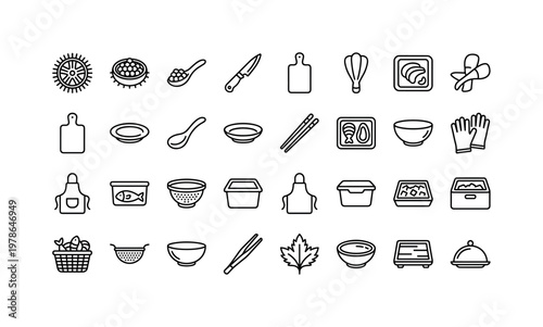 Sea urchin harvesting and culinary items with roe preparation, tools, serving dishes and seafood handling equipment clean monoline