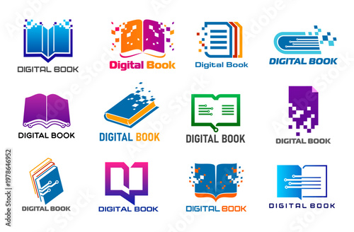 Digital online book icons of vector education, digital library or book symbols set. Opened book, dictionary, paper document or diary isolated silhouettes with color pixel and electric circuit pattern