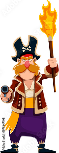 Cartoon pirate captain character with burning torch and aiming gun. Vector mustached corsair sailor adventure story personage, danger menacing boatswain seaman, bearded filibuster hunts treasures