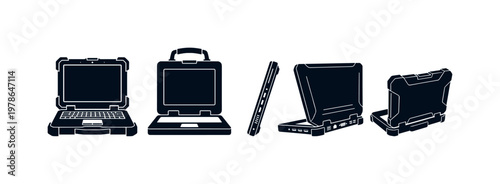 Rugged laptop with re rced corners open, industrial laptop with handle closed, thick workstation laptop side view, heavy duty