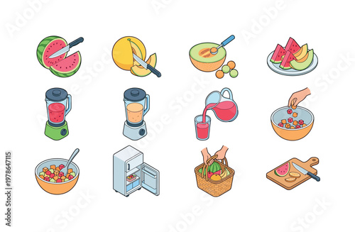 Cutting watermelon with knife, slicing melon into pieces, scooping melon balls, serving fruit slices on plate, blending watermelon