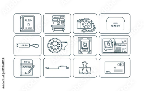 A keepsake storage setup featuring a photo album, Polaroid, camera, memory box, USB drive, photo reel, photo frame, scrapbook,