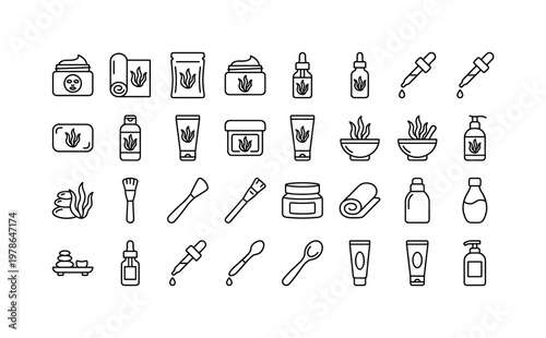 Seaweed cosmetic and wellness products with skincare jars, spa treatments, oils, masks and therapeutic applications clean monoline