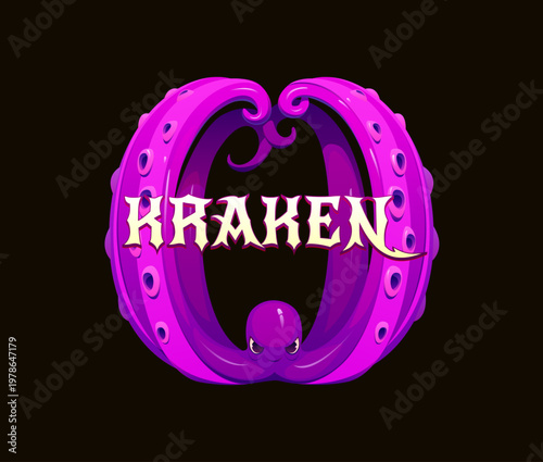 Cartoon pirate kraken heraldry emblem with curled purple octopus tentacles, heraldry icon, game asset with bold lettering. Vector mythology maritime danger and adventure icon with fantasy sea monster