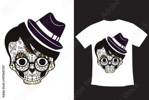 Stylish Sugar Skull with Hat Vintage T-Shirt Design