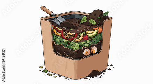 Eco-friendly compost bin filled with organic waste and soil, representing a sustainable lifestyle practice.